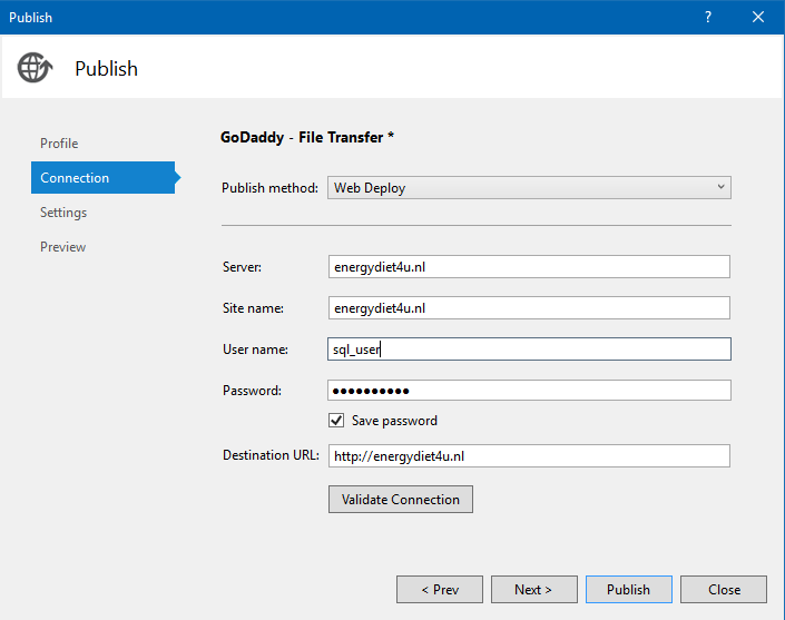 GoDaddy deployment - connection tab