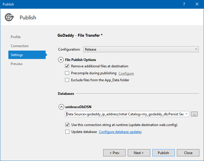 GoDaddy deployment - settings tab