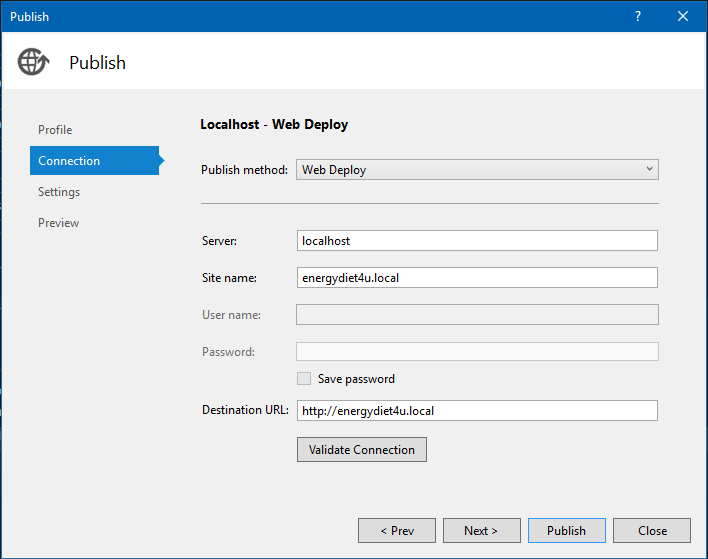 Local deployment - connection tab