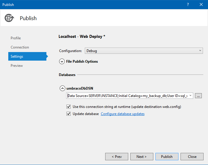 Local deployment - settings tab